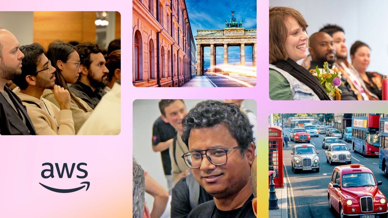 Collage featuring AWS logo, diverse groups, Berlin landmark, and London street scene
